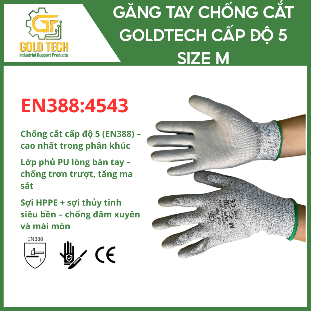 GĂNG TAY CHỐNG CẮT CẤP ĐỘ 5 GOLDTECH – CUT RESISTANT GLOVES LEVEL 5 – PHỦ PU CHỐNG TRƯỢT – SIÊU BỀN - Ảnh 2