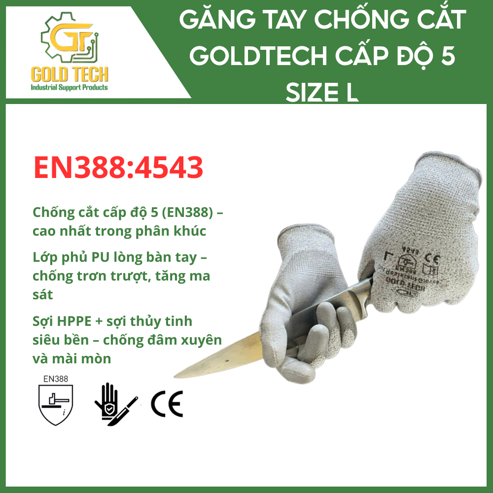 GĂNG TAY CHỐNG CẮT CẤP ĐỘ 5 GOLDTECH – CUT RESISTANT GLOVES LEVEL 5 – PHỦ PU CHỐNG TRƯỢT – SIÊU BỀN - Ảnh 3